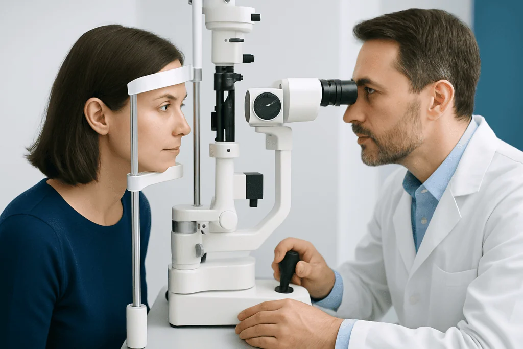 Optometrist examining patient's eyes with slit lamp in clinic.