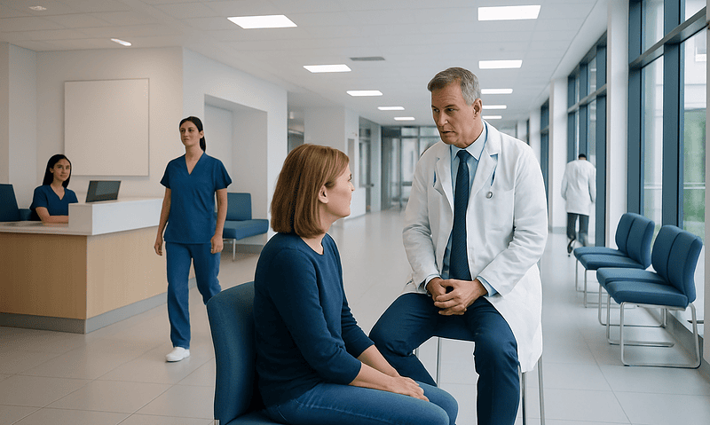 Doctor consulting with a patient in a modern hospital corridor.