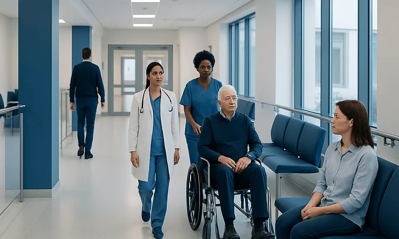 Hospital corridor with medical staff and a patient in wheelchair.