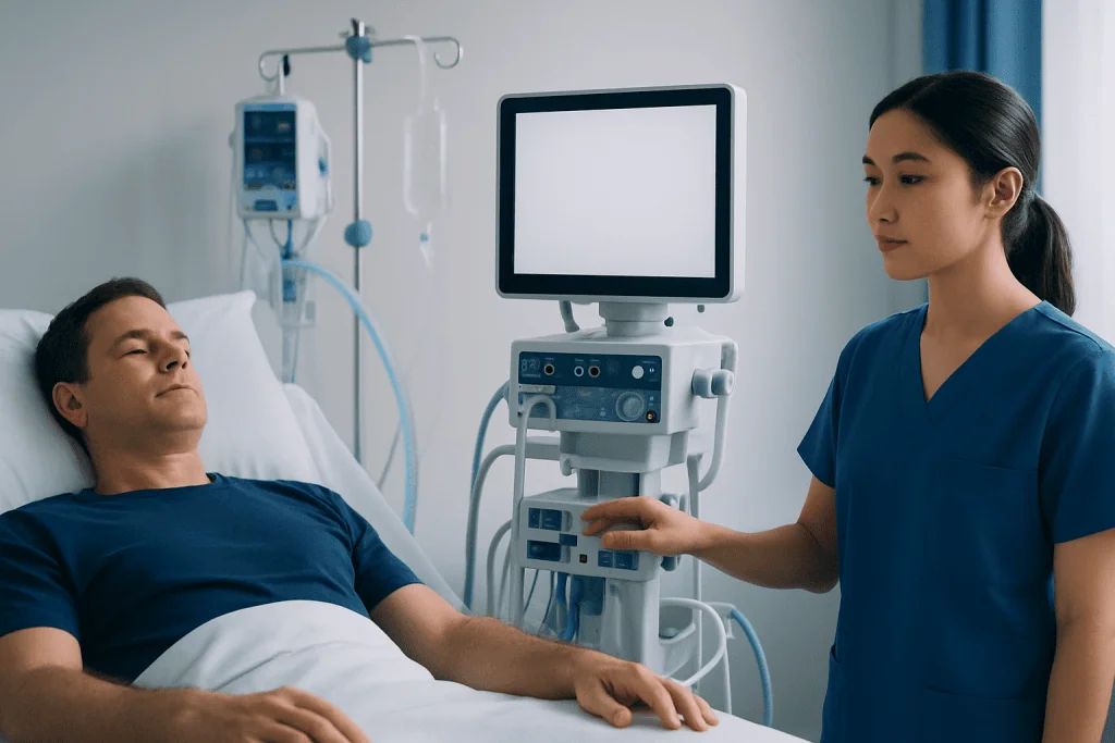 Patient in hospital bed with medical staff and monitoring equipment.