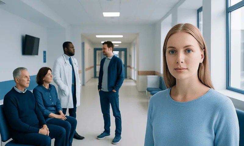 Young woman patient waiting in hospital corridor with medical staff nearby.
