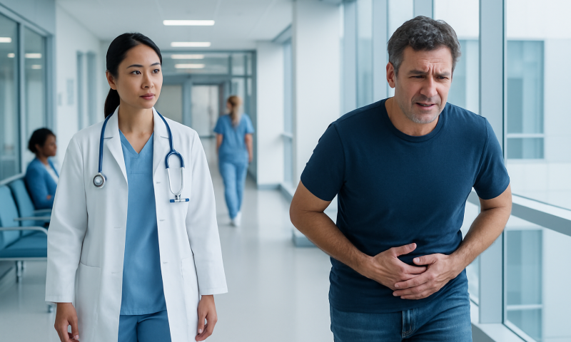 Patient experiencing abdominal pain in hospital corridor with medical staff nearby.