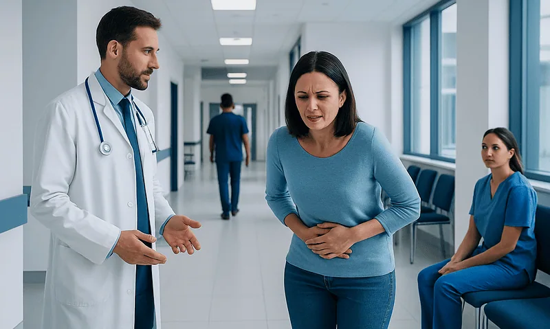 Doctor consulting a woman with stomach pain in hospital corridor.