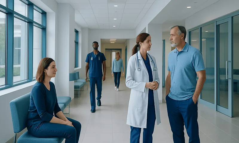 Medical team consulting with patient in hospital corridor.