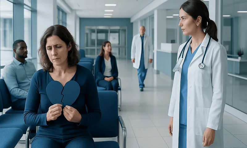 Patient holding a broken heart symbol in a hospital waiting area.