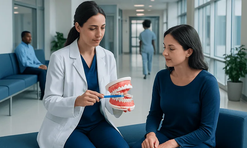 Dentist explaining dental health to a patient in a modern clinic.