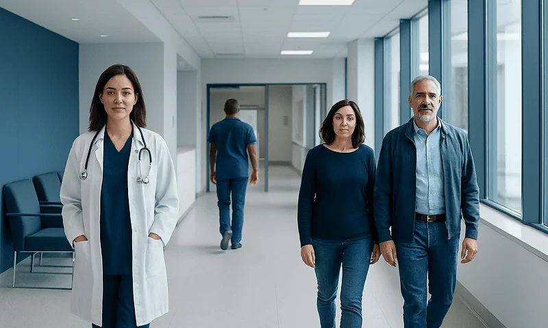 Healthcare professionals walking in a modern hospital corridor.
