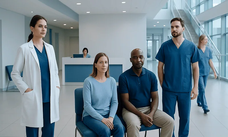 Diverse medical team in hospital lobby with patient.