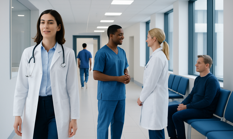 Medical professionals and patients in a hospital corridor at Acibadem Hospitals Group.