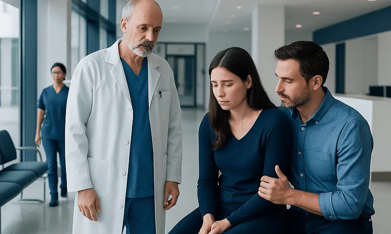 Doctor consulting with a young woman and her partner in a hospital corridor.