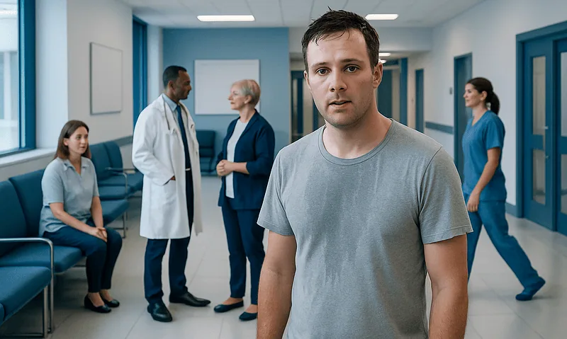 Young man waiting in hospital corridor with medical staff and patients.