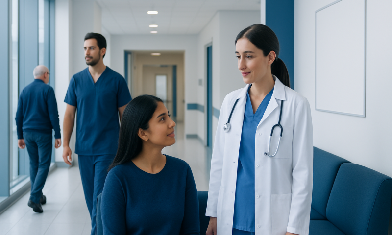 Doctor consulting a patient in a hospital corridor with medical staff in background.