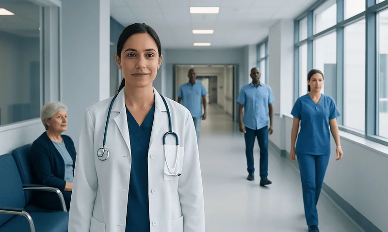 Healthcare professionals in a hospital corridor with a doctor in the foreground.