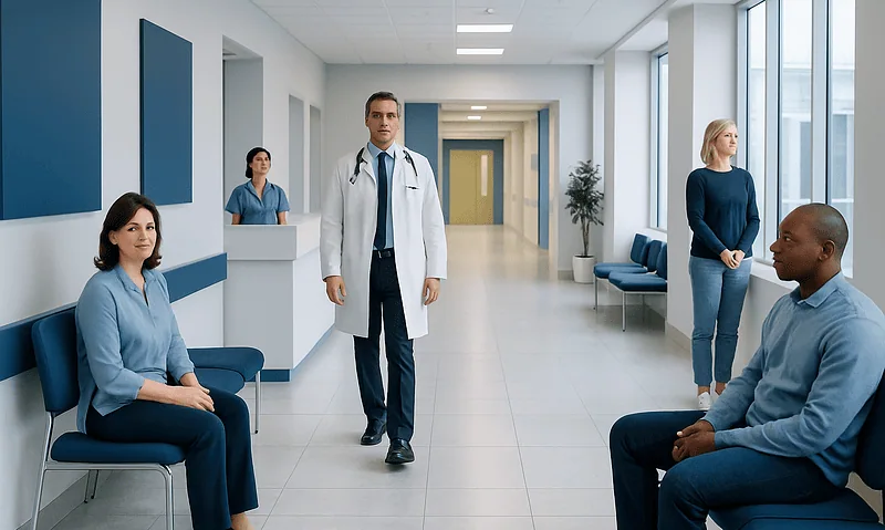 Medical professionals and patients in a hospital corridor at Acibadem Hospitals Group.