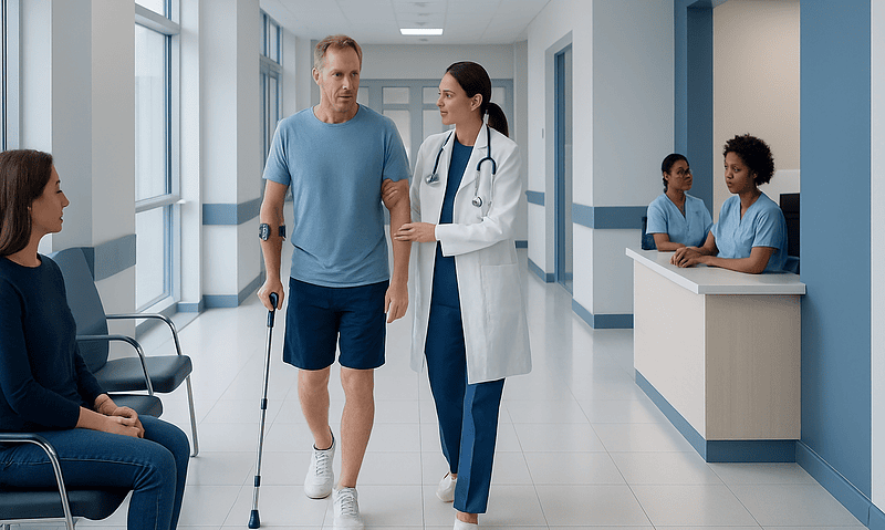 Patient walking with crutches in hospital corridor with medical staff nearby.