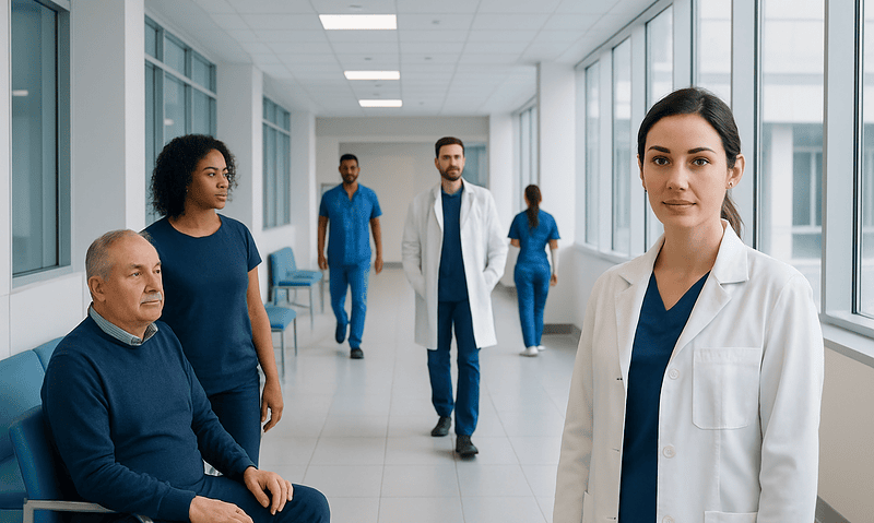 Medical team in hospital corridor with doctor and patient.