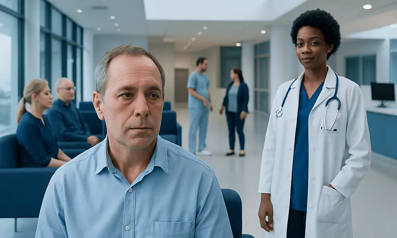 Patient in a hospital waiting area with medical staff and other patients.