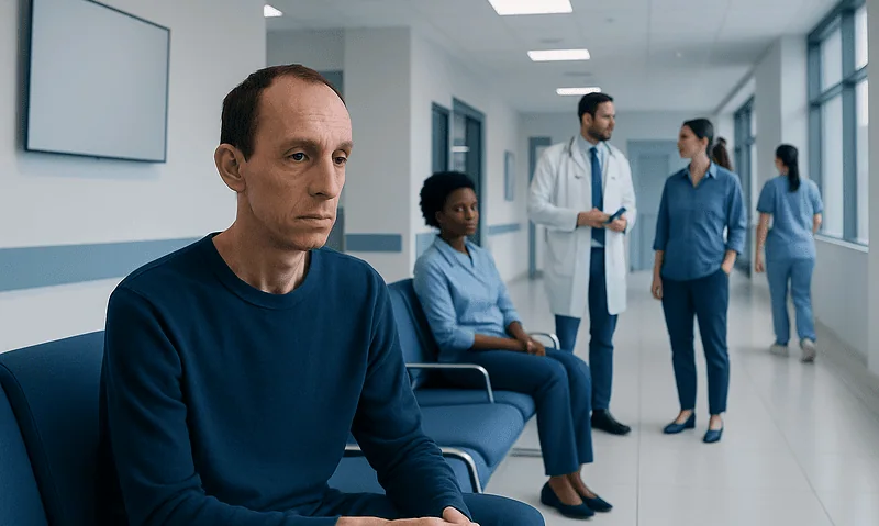 Patient waiting in a hospital corridor with medical staff in the background.