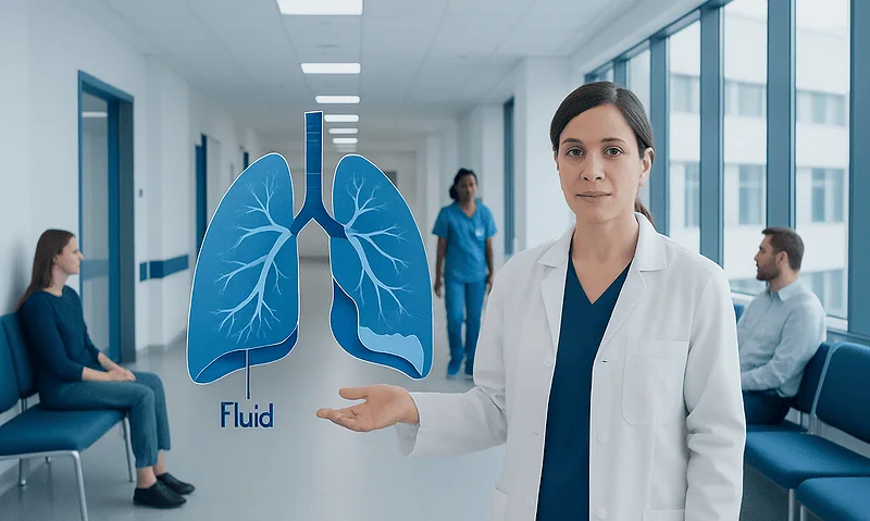 Doctor explaining lung fluid accumulation in a hospital corridor.