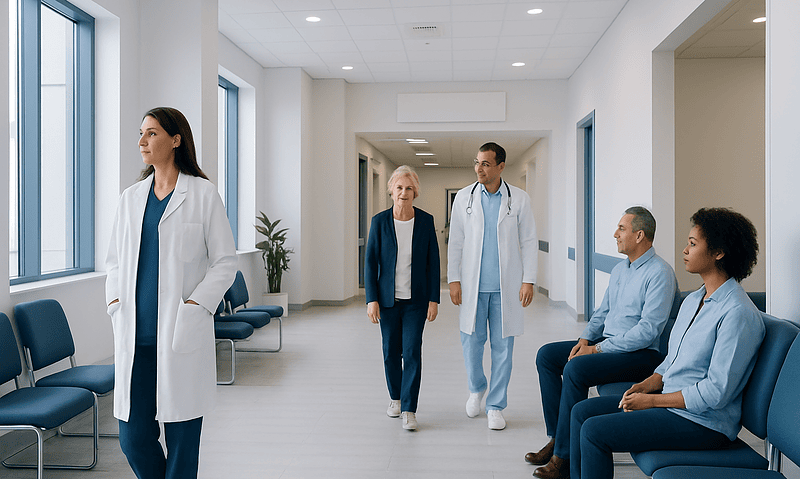 Medical team and patients in a hospital corridor at Acibadem Hospitals Group.