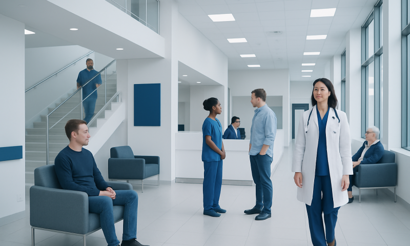 Modern hospital lobby with medical staff and patients in a bright, clean environment.