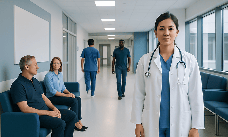 Healthcare professionals and patients in a hospital corridor.