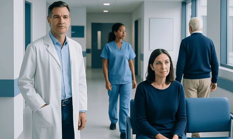 Medical professionals in a hospital corridor, including a doctor and nurses.