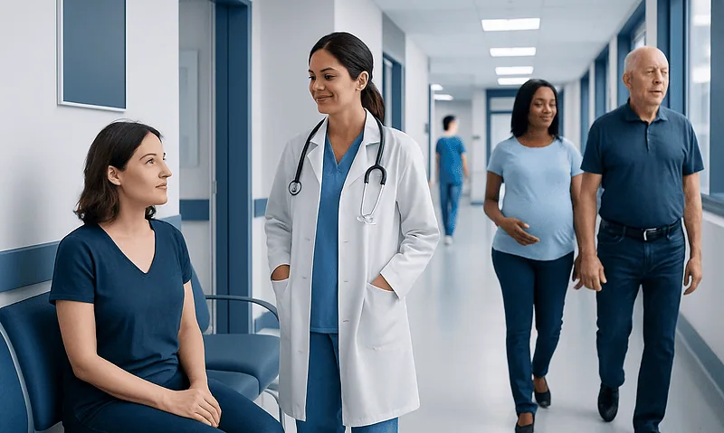Doctor consulting a patient in a hospital corridor at Acibadem Hospitals Group.