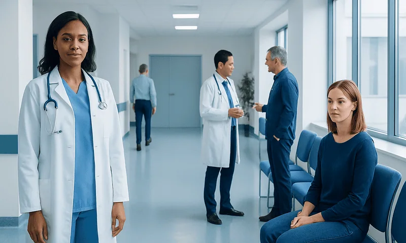 Healthcare professionals and patient in a hospital corridor.