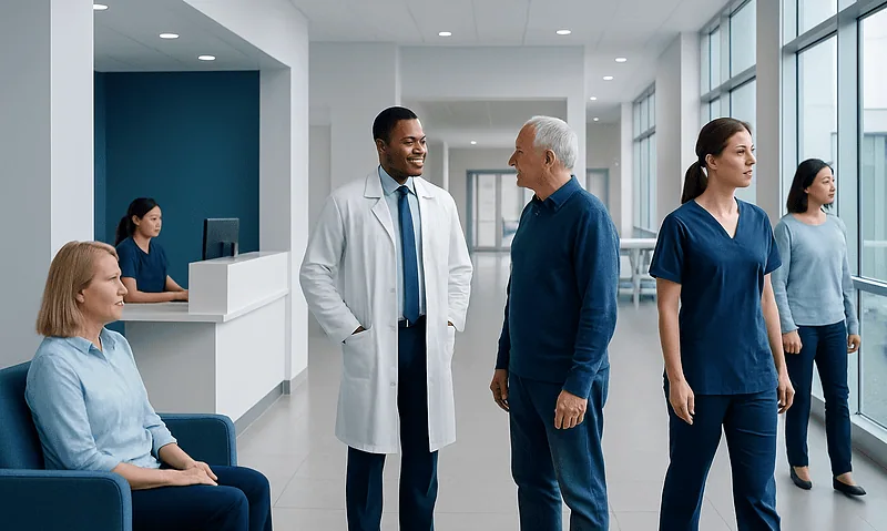 Medical professionals and patients in a modern hospital corridor.