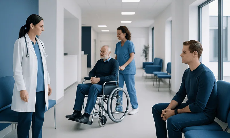 Doctor consulting with patients in a hospital corridor.