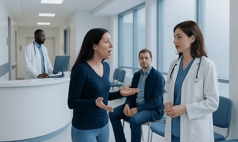 Medical consultation in hospital with doctor and patient discussing health.