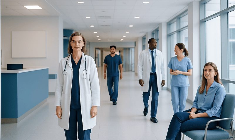 Healthcare professionals in a modern hospital corridor with a doctor in the foreground.