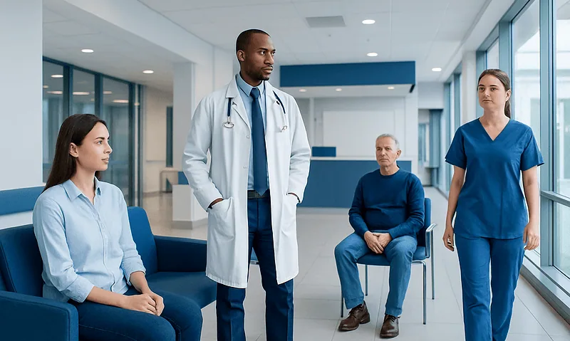 Medical team discussing patient care in a modern hospital setting.