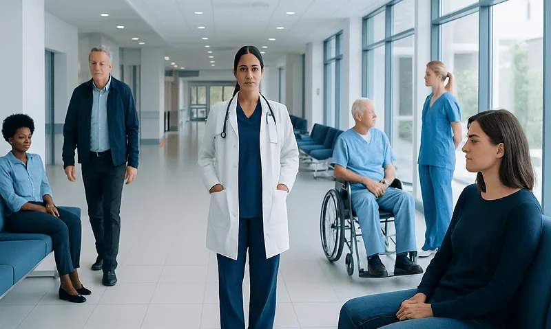 Medical team and patients in a modern hospital corridor.