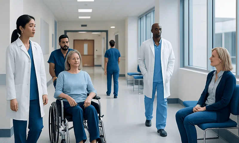 Medical team consulting with a patient in hospital corridor.