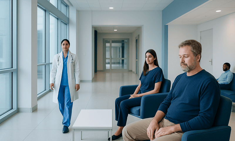 Patients waiting in a hospital corridor with medical staff nearby.