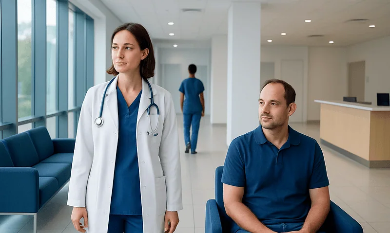 Healthcare professionals in a modern hospital corridor with patient.