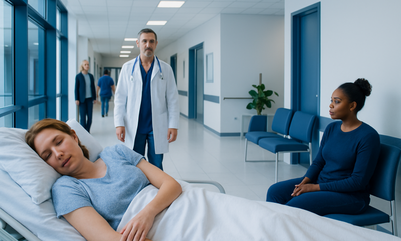 Light Sleeper — Explained by Medical Evidence, Not Myths 6 Patient resting in hospital bed with medical staff and visitor nearby.