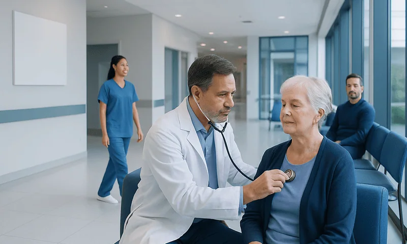 Doctor examining elderly woman with stethoscope in hospital corridor.