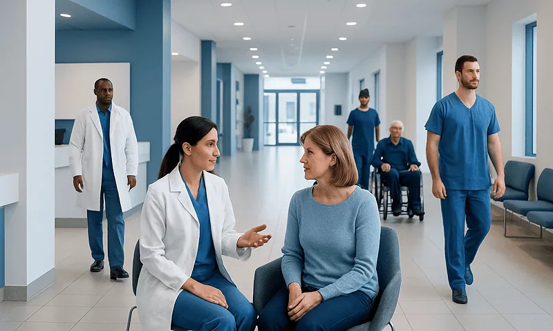 Medical consultation in a modern hospital corridor with healthcare professionals and patients.