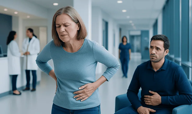 Woman experiencing stomach pain in hospital corridor with doctor and nurse nearby.