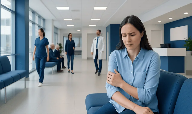 Woman experiencing arm pain in hospital corridor with medical staff.