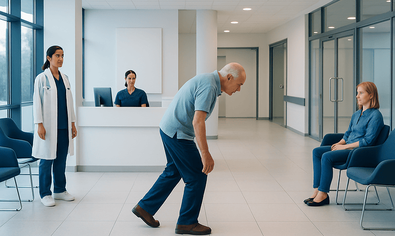 Elderly man undergoing a medical assessment in a hospital waiting area.