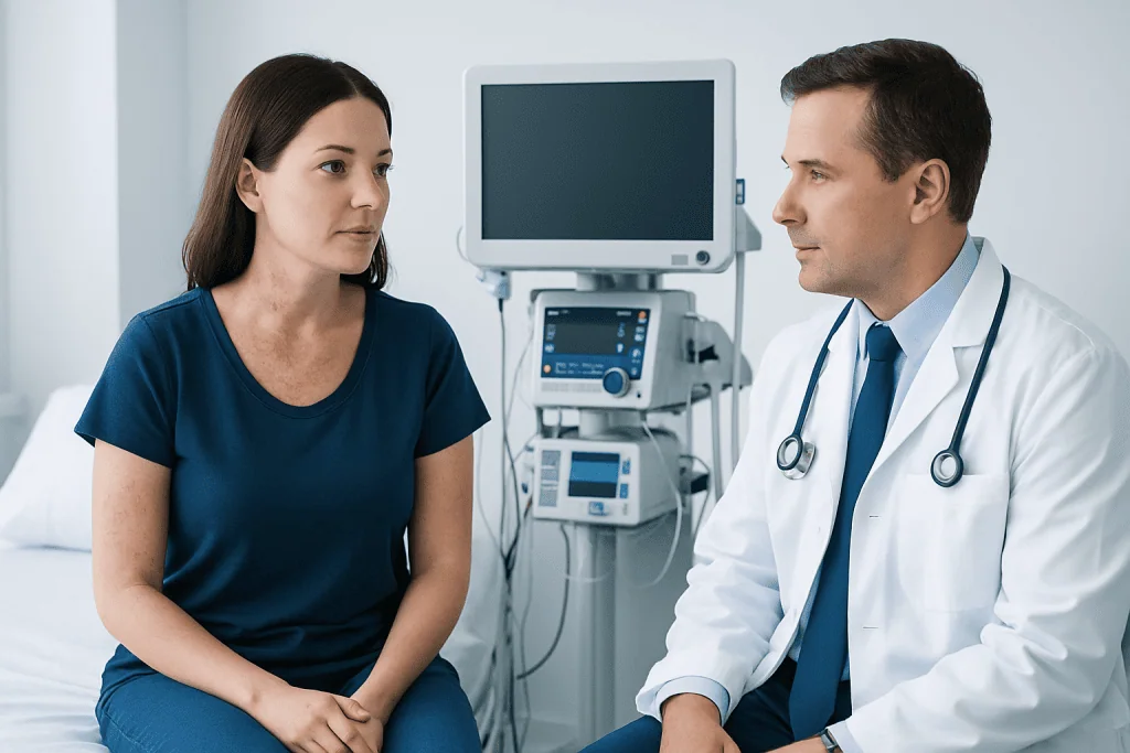 Doctor consulting female patient in hospital room with medical equipment.