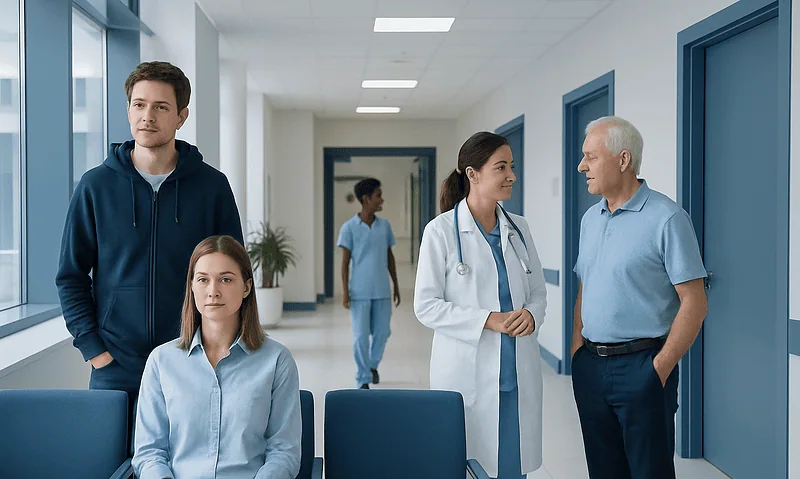 Patients and doctor in hospital corridor at Acibadem Hospitals Group.