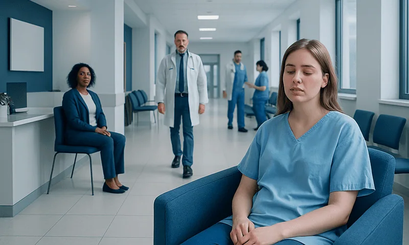 Young woman patient waiting in hospital corridor with medical staff nearby.