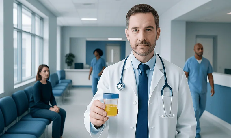 Leukocyte esterase urine trace: Common Causes, Warning Signs, and When to See a Doctor 10 Doctor holding urine sample in hospital corridor.