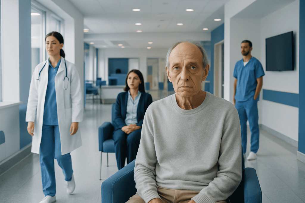 Liver Failure Face: What Patients Need to Know 1 Elderly man in hospital waiting area with medical staff in background.
