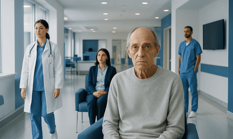 Elderly man in hospital waiting area with medical staff in background.